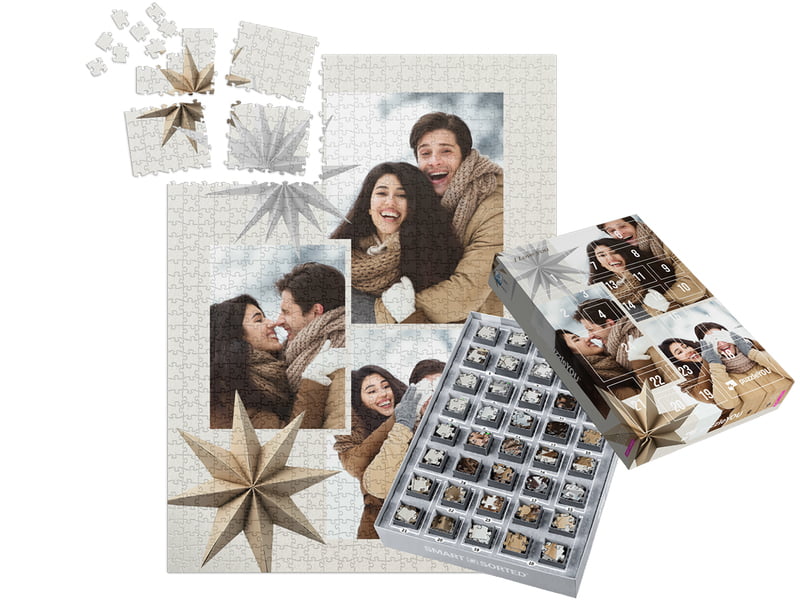 Puzzle de 1000 piese pentru 24 de zile – colaj cu design de Crăciun, cutie personalizată inclusă