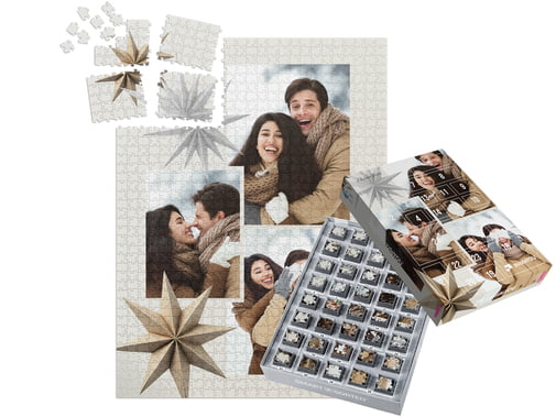 Puzzle de 1000 piese pentru 24 de zile – colaj cu design de Crăciun, cutie personalizată inclusă